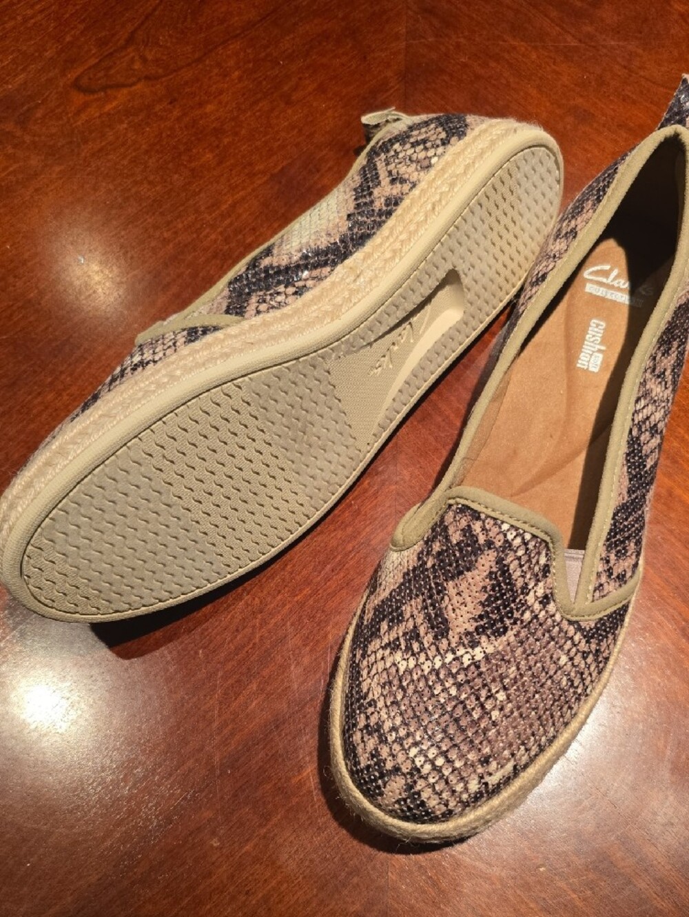 Clarks Women's Snake-Print Slip-Ons in Brown and Tan - Picture 2 of 3